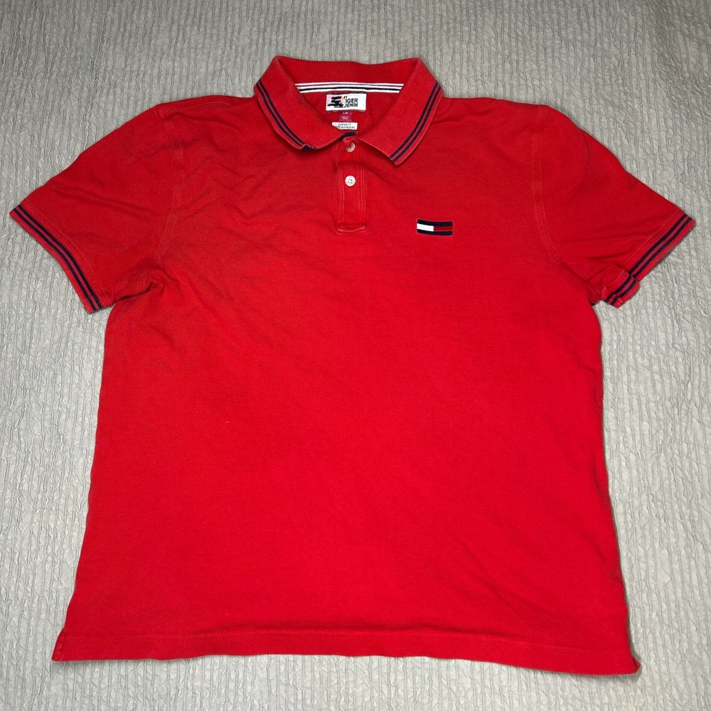 Tommy Hilfiger Hilfiger Denim Mens Red Custom Fit Pique Polo Shirt Large